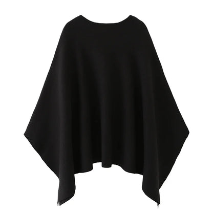 Women's poncho sweater, elegant crew-neck knitted poncho in black or brown