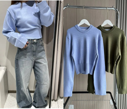 Damen Cropped Pullover Rundhals Langarm