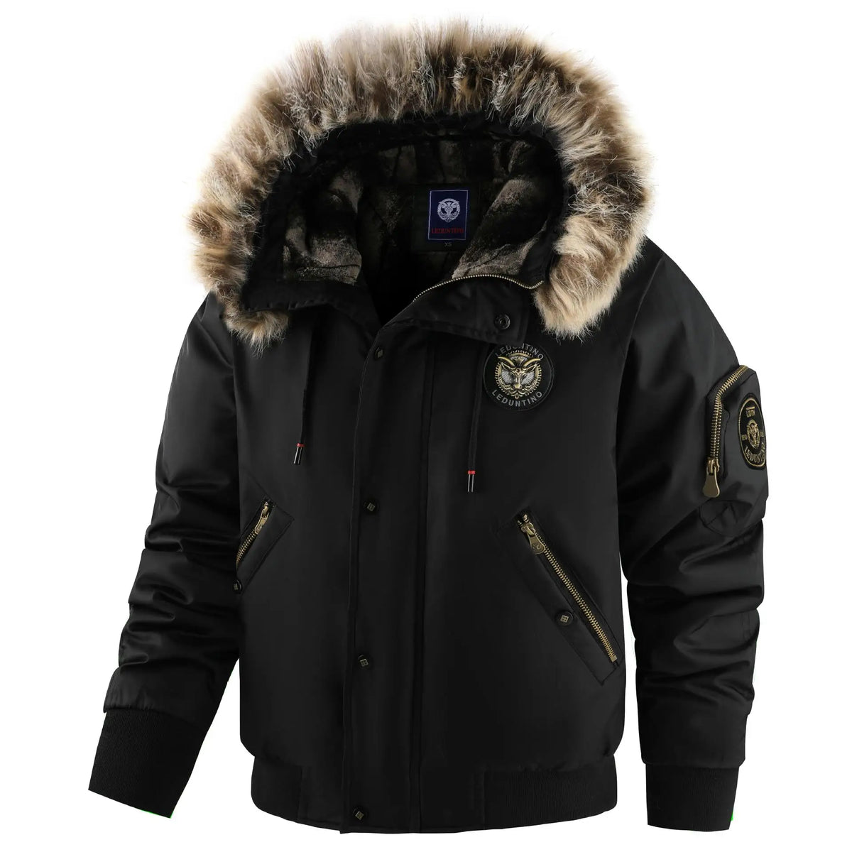 Men's winter bomber jacket with detachable hood and faux fur collar, black