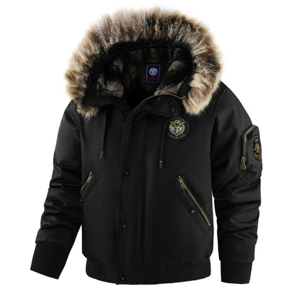Men's winter bomber jacket with detachable hood and faux fur collar, black