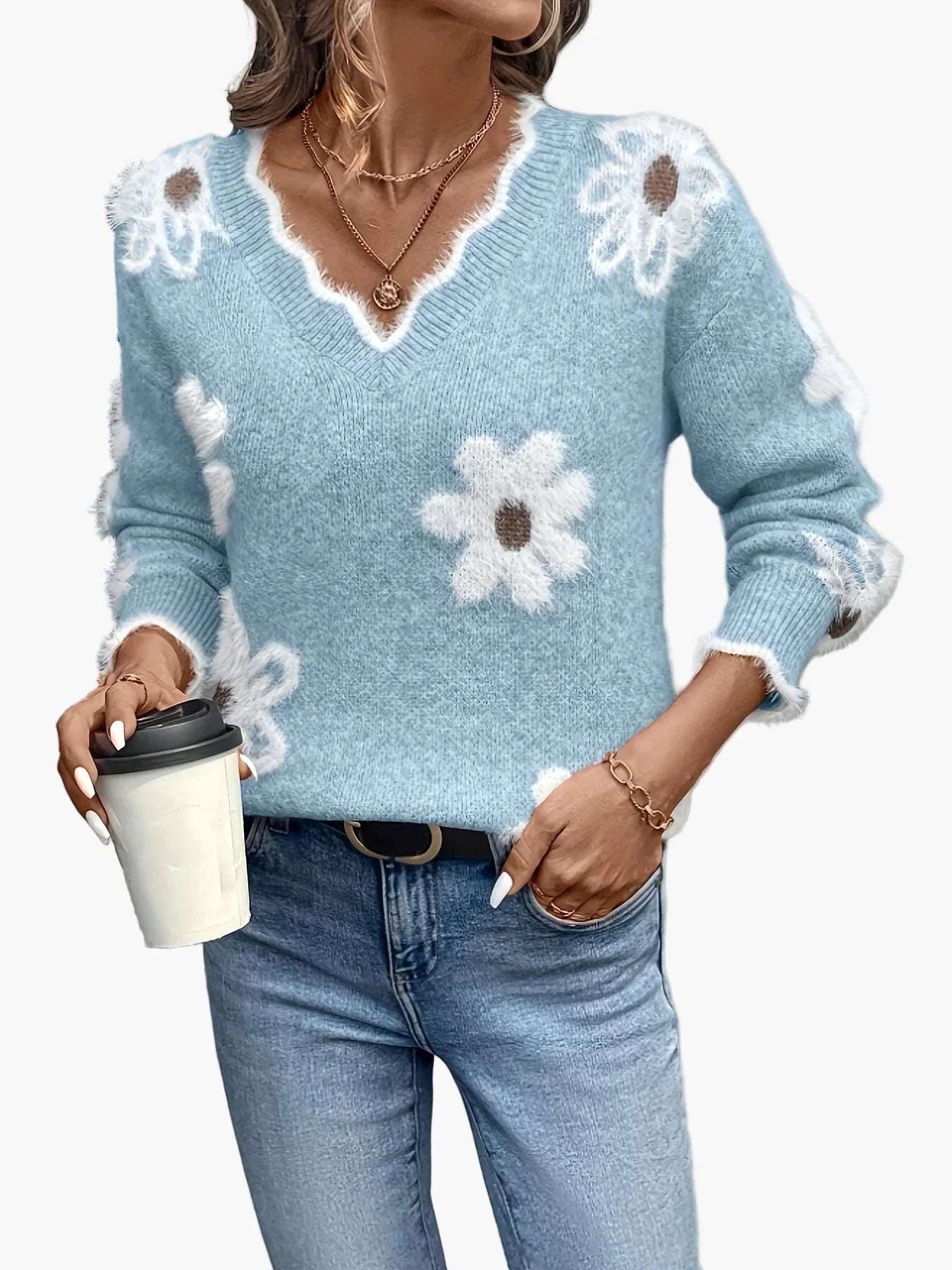 Damen Pullover mit Blumenmuster und V-Ausschnitt – Modischer Freizeit-Strickpullover für Alltag und Büro