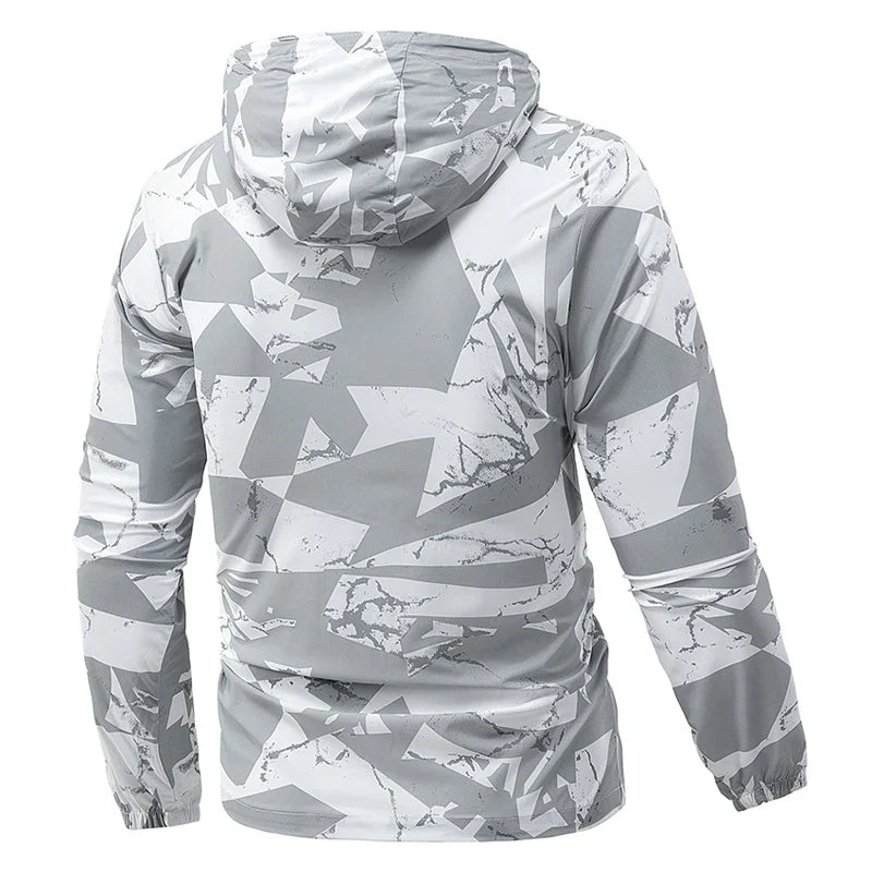 Men's hooded windbreaker jacket, lightweight outer material, camouflage pattern