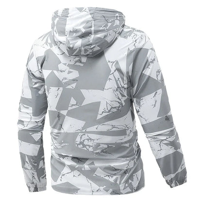 Men's hooded windbreaker jacket, lightweight outer material, camouflage pattern