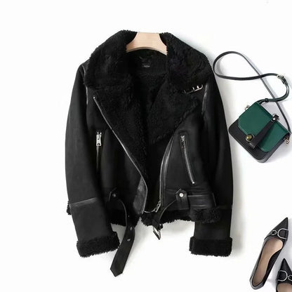 Women's Biker Jacket with Fleece Lining and Zipper