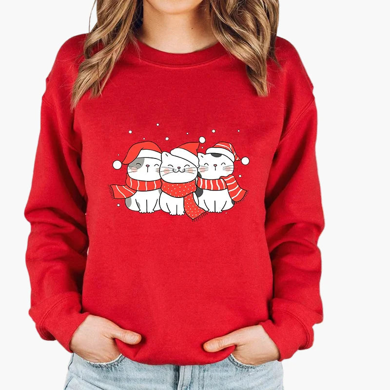 Damen Weihnachtspullover mit Katze, Weihnachtsmütze und Lichterkette – Lustiger Winter-Sweater für Frauen