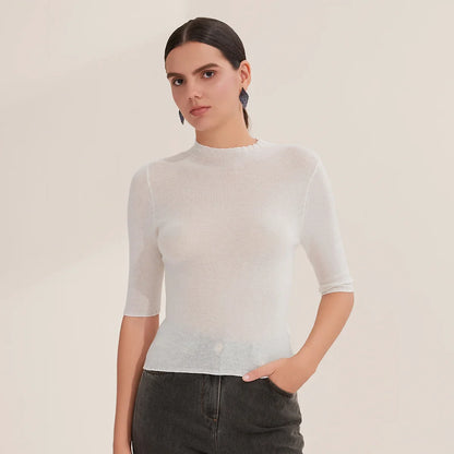 Women's Short-Sleeve Knit Sweater with Stand-Up Collar