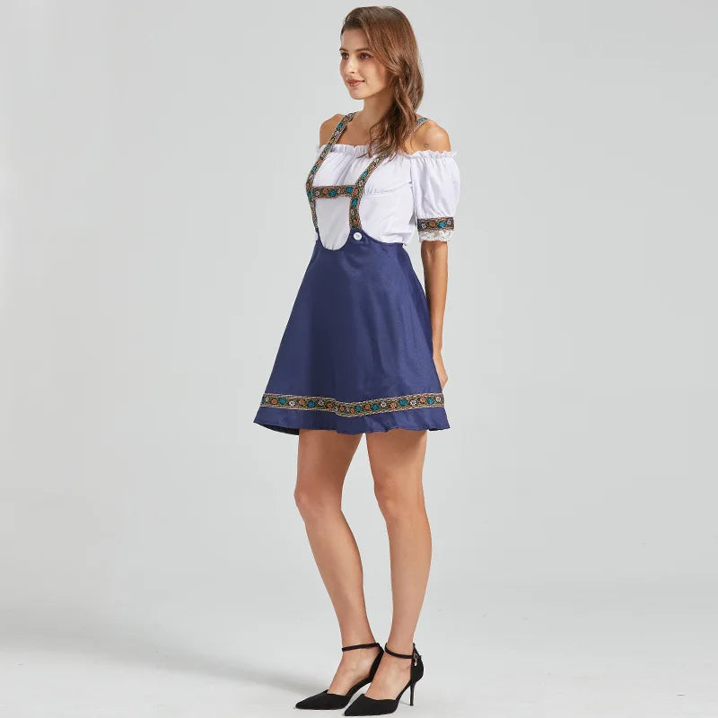 Damen Dirndl-Kleid mit Trägern und Carmen-Bluse, bestickt