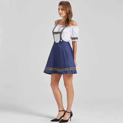 Damen Dirndl-Kleid mit Trägern und Carmen-Bluse, bestickt