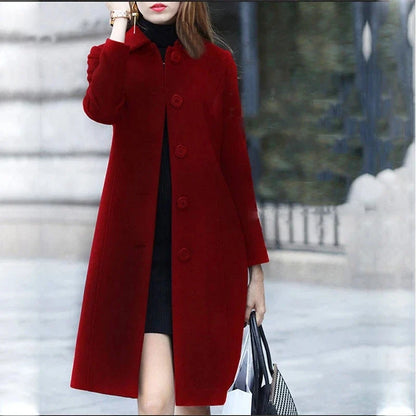 Women's long winter coat, elegant button placket, solid color collar