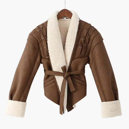 Damen Trendige Kurzjacke mit Schalkragen und Gürtel – Modische Übergangsjacke für Alltag und Freizeit