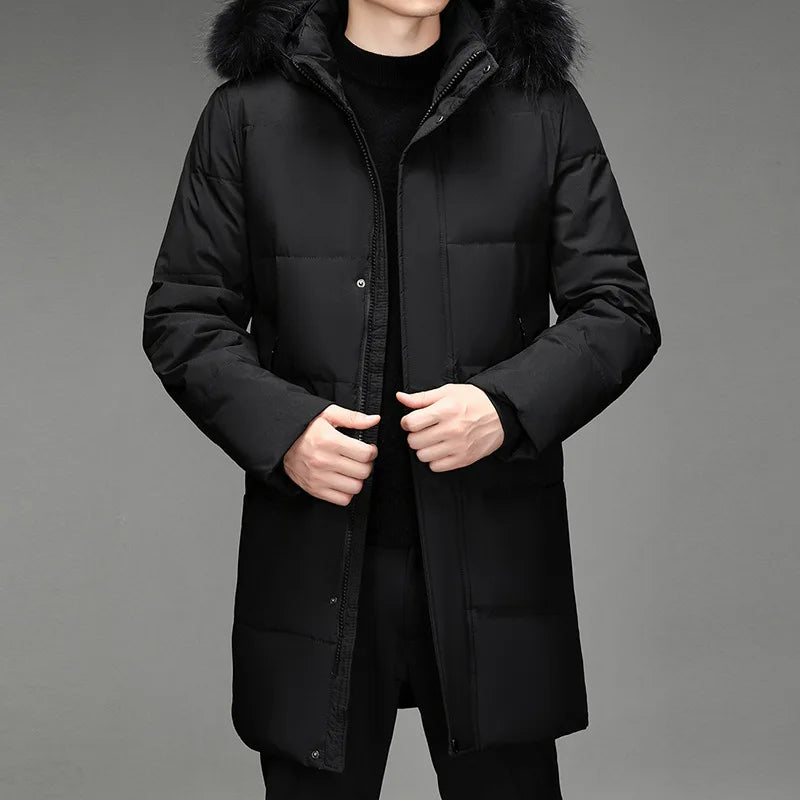 Herren Winter Daunenmantel mit Kapuze und Fellimitat-Besatz Lang Gesteppt