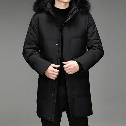Herren Winter Daunenmantel mit Kapuze und Fellimitat-Besatz Lang Gesteppt