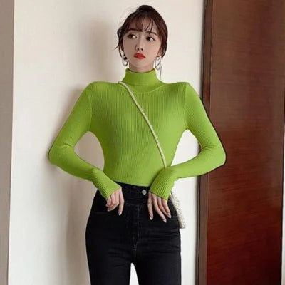 Women's ribbed long-sleeved turtleneck sweater, slim fit