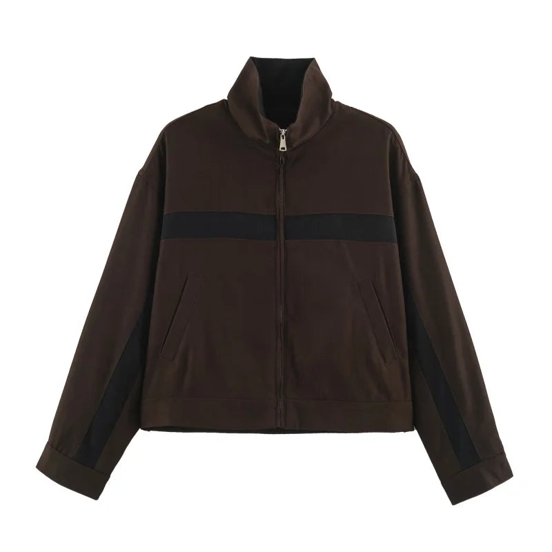 Women's cropped jacket with zipper, stand collar, and block stripes