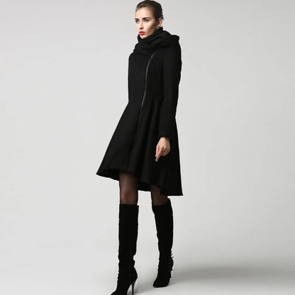 Damen Mantel Schwarz Asymmetrisch mit Stehkragen und Reißverschluss