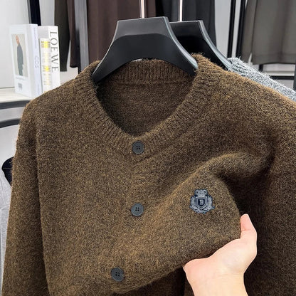 Men's crew-neck cardigan with button placket and emblem, gray/brown