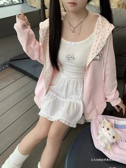 Women's hoodie with zipper, hood and cat embroidery