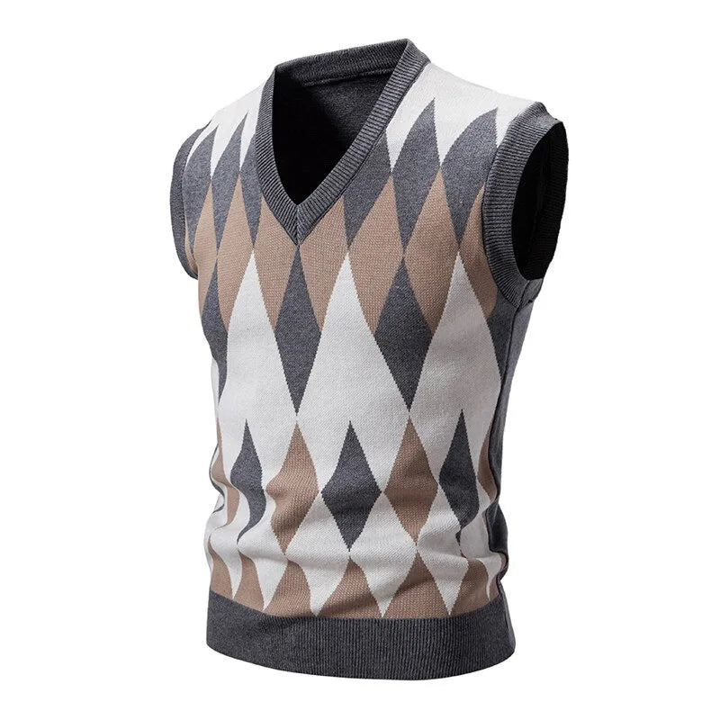 Men's Argyle knitted vest V-neck sleeveless pullover vest