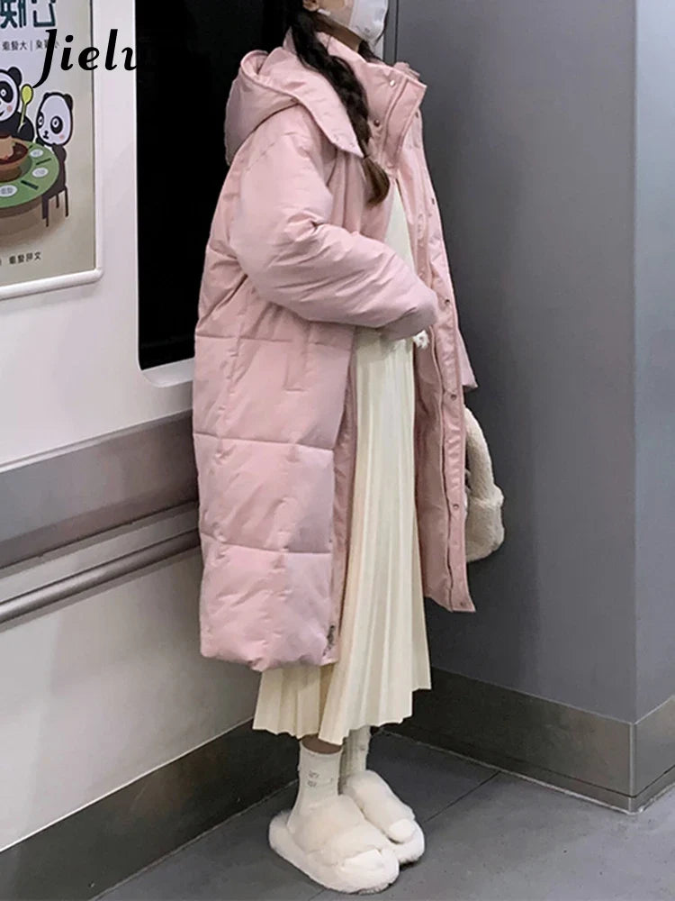Women's long quilted coat with hood, solid colors