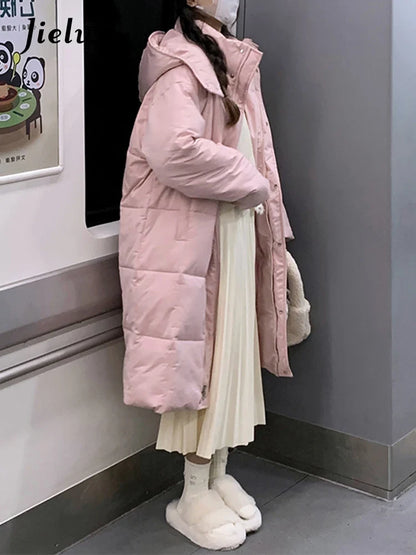 Women's long quilted coat with hood, solid colors