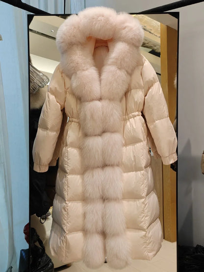 Women's Long Down Coat with Hood and Faux Fur Trim, Warm Winter Jacket