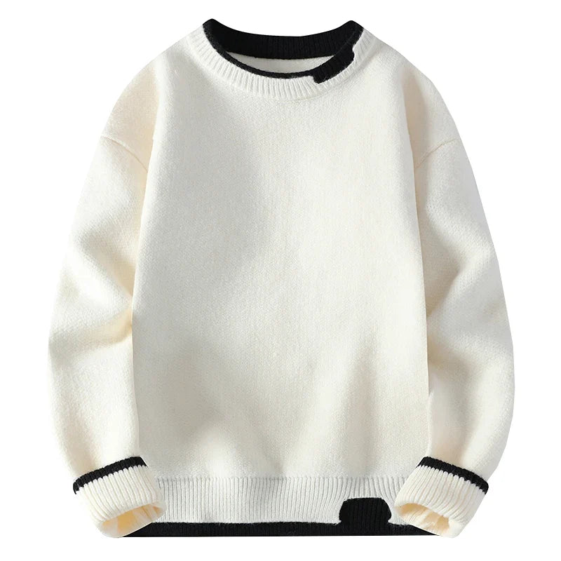 Unisex Two-Tone Crew-Neck Knit Sweater Pink Beige Black Gray Khaki Blue
