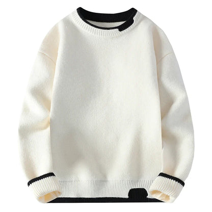 Unisex Two-Tone Crew-Neck Knit Sweater Pink Beige Black Gray Khaki Blue