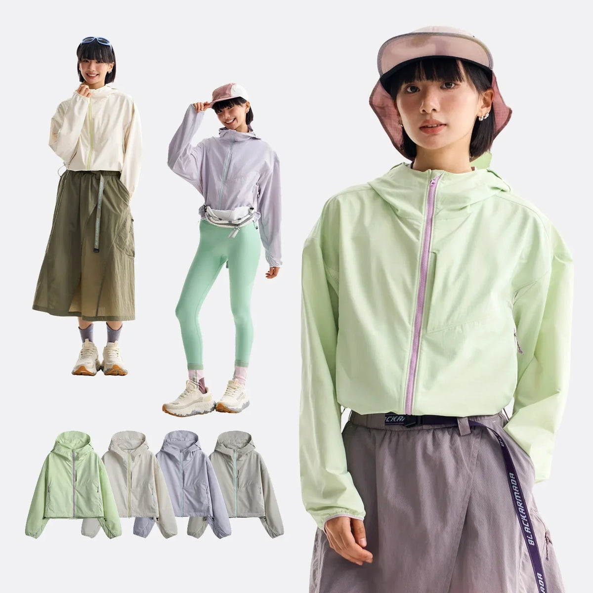 Women's short hooded windbreaker, lightweight, with zipper