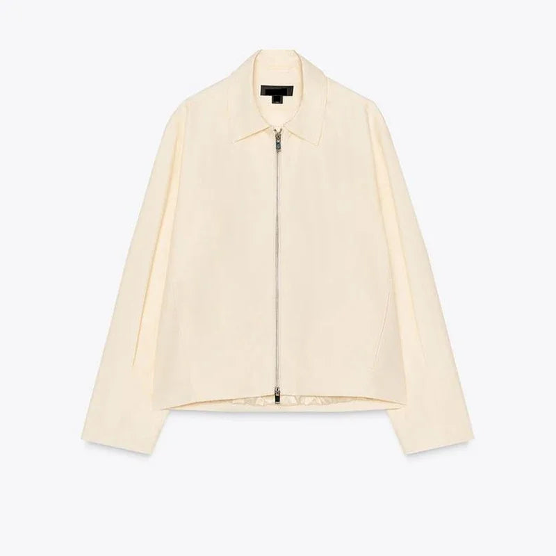 Women's cream-colored jacket with zipper, collar, and wide sleeves