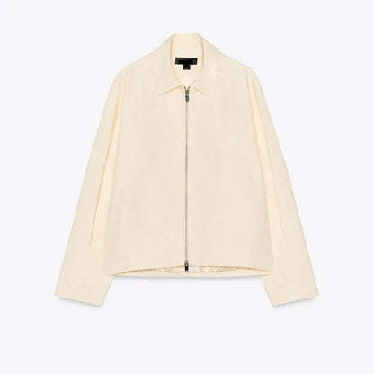 Women's cream-colored jacket with zipper, collar, and wide sleeves