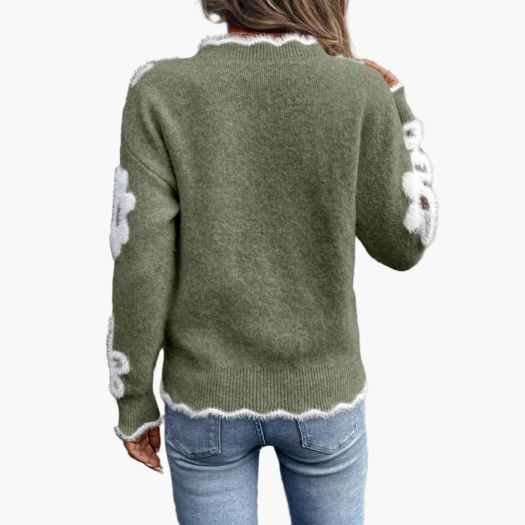 Damen Pullover mit Blumenmuster und V-Ausschnitt – Modischer Freizeit-Strickpullover für Alltag und Büro
