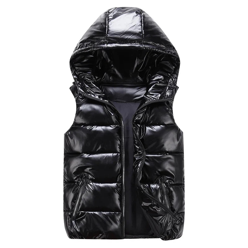 Unisex shiny hooded quilted vest, sleeveless puffer vest with zipper