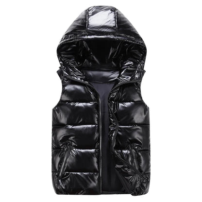 Unisex shiny hooded quilted vest, sleeveless puffer vest with zipper