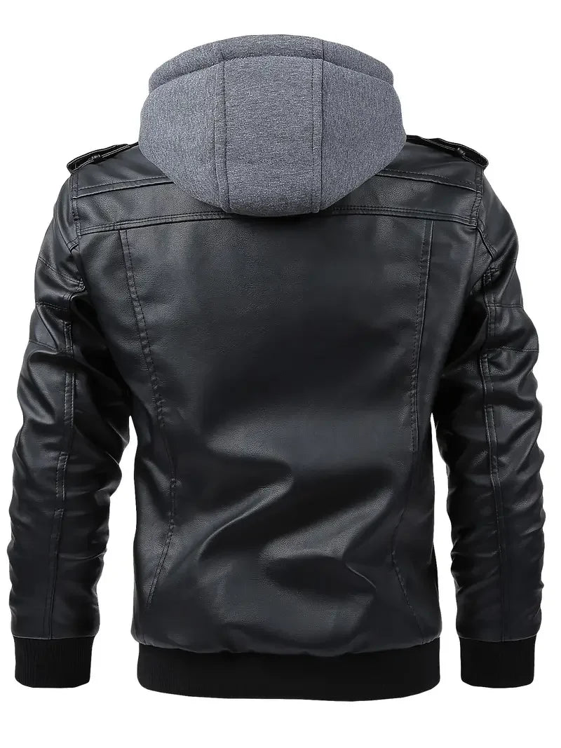 Herren Bomberjacke mit Kapuze und Reißverschlüssen, Lederoptik