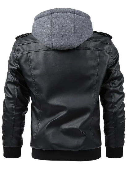 Herren Bomberjacke mit Kapuze und Reißverschlüssen, Lederoptik