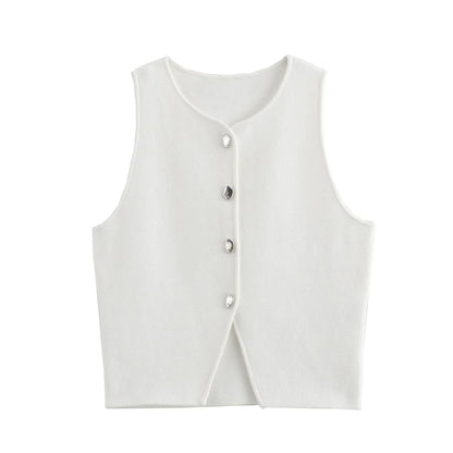 Damen Ärmelloses Stricktop mit Rundhals und Knopfleiste Kurz geschnitten