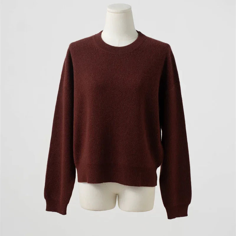 Women's Ribbed Crew-Neck Long-Sleeved Knit Sweater in Red-Brown