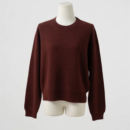 Women's Ribbed Crew-Neck Long-Sleeved Knit Sweater in Red-Brown
