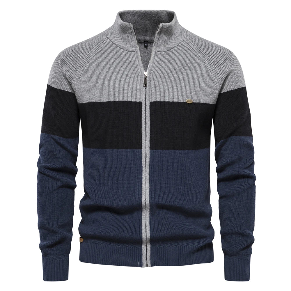 Men's zip-up cardigan with stand collar and color-block design