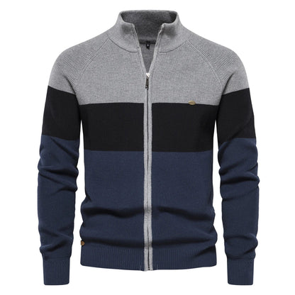 Men's zip-up cardigan with stand collar and color-block design