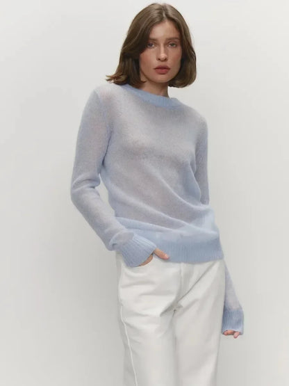 Damen Pullover leicht transparent Feinstrick Rundhals Langarm