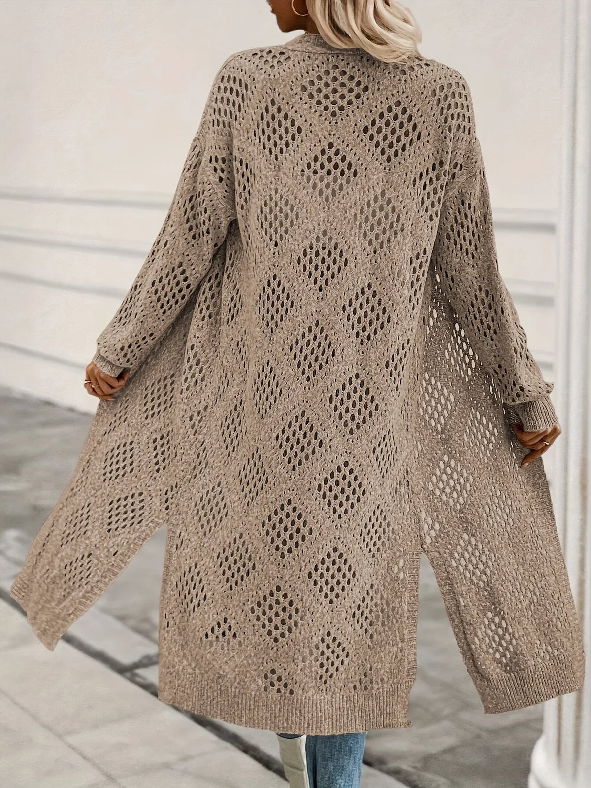 Long women's knitted cardigan, brown, open-knit pattern, open front