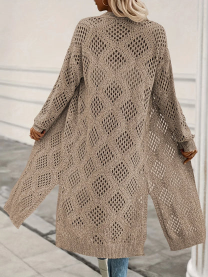 Long women's knitted cardigan, brown, open-knit pattern, open front