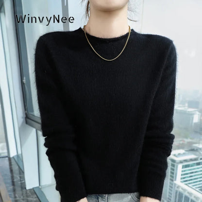 Women's Fuzzy Pink Crew-Neck Long-Sleeve Sweater