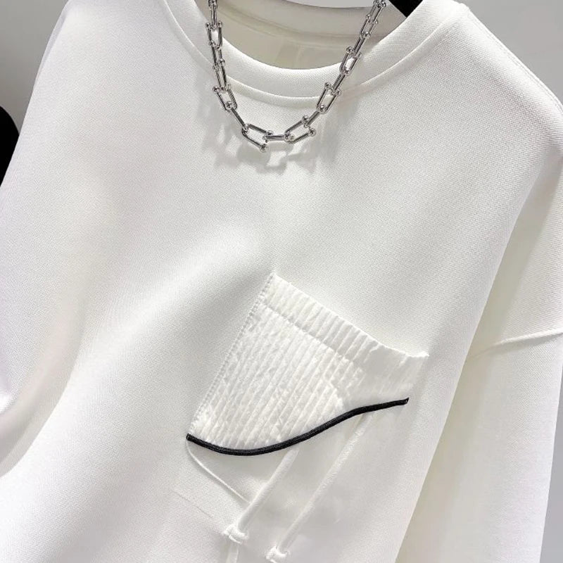 Women's Crew-Neck Sweatshirt with Asymmetrical Hem and Decorative Drawstrings