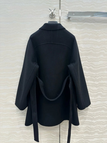 Short women's wrap coat with belt and buckle, black
