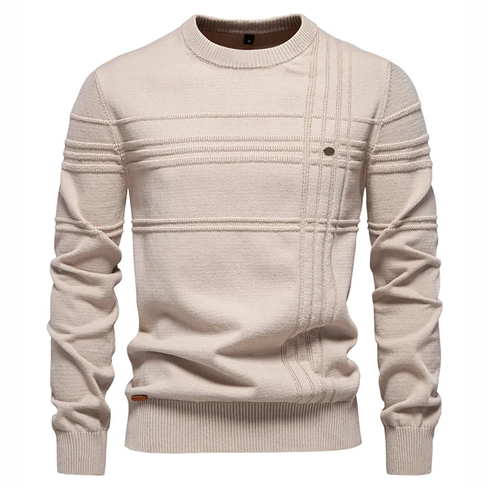 Men's crew-neck sweater ribbed texture beige