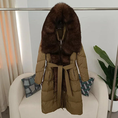 Damen Daunenmantel mit Pelzkapuze und Bindegürtel, gepolstert, lange Winterjacke