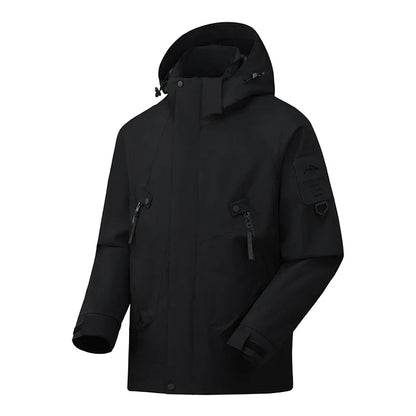 Unisex outdoor jacket with hood and zippered pockets, windproof and water-repellent