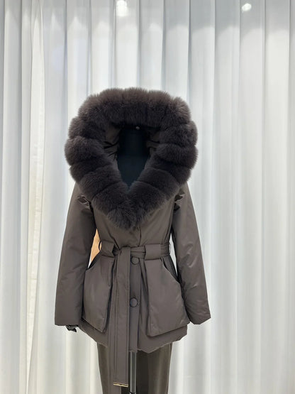Damen Winterjacke mit Fellkapuze, tailliert, gefüttert